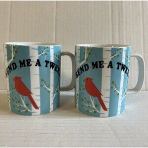 Dansk Coffee Mugs Send Me A Tweet Cardinal Bird Blue White Cups 4.5" Set Of 2